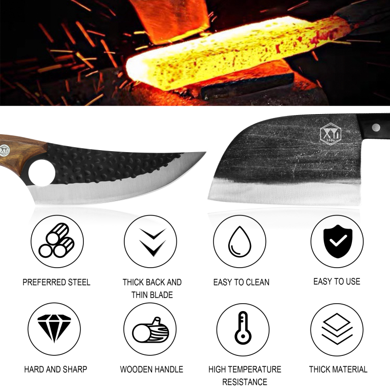 XYJ Full Tang 6.7 Inch Forging Butcher Knife 6.2 Inch Camping Kitchen Knives 6 Inch Boning Knife With Sheath&amp;Chef Knives Bag Set