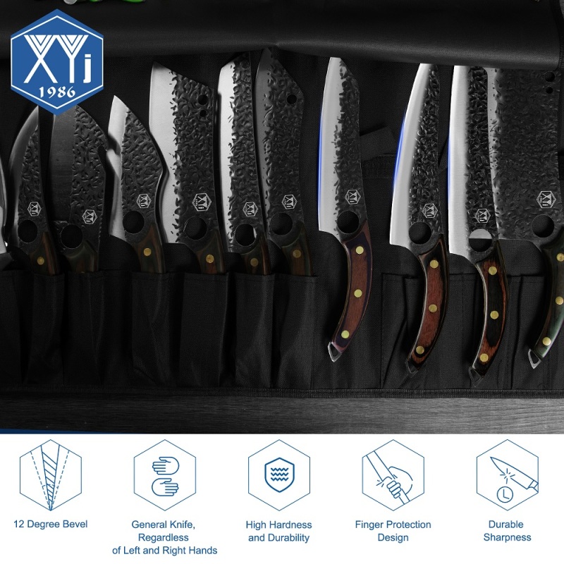 XYj Set of Chef Knife With Roll Bag Kitchen Scissor Sharpener Rod High Carbon Steel Kitchen Knives Slice Cooking Vegetable Knife