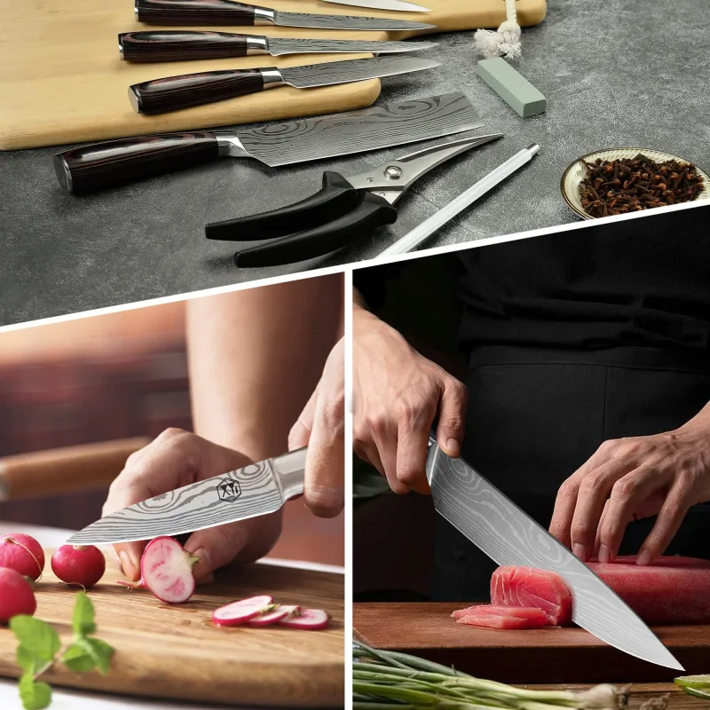 XYJ Professional Chef Knife Set Stainless Steel Kitchen Scissors Sharpener Rod Carry Bag Tools Laser Etched Sharp Blade Cleaver Set