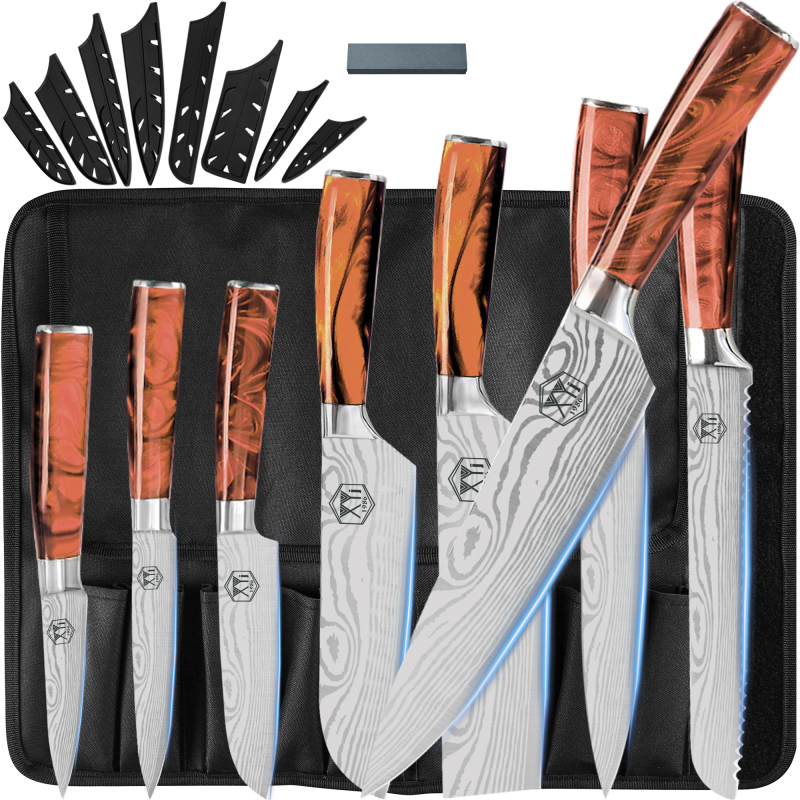 XYJ Set of Knives 8-pieces Stainless Steel Kitchen Knife Vegetable Nakiri Knife With Carry Roll Bag Chef Tools Set