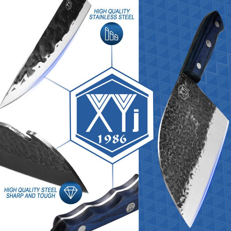 XYJ Camping Serbian Knives Set High Carbon Steel Boning Butcher Knife With Honing Steel Pocket Knife Full Tang Handle