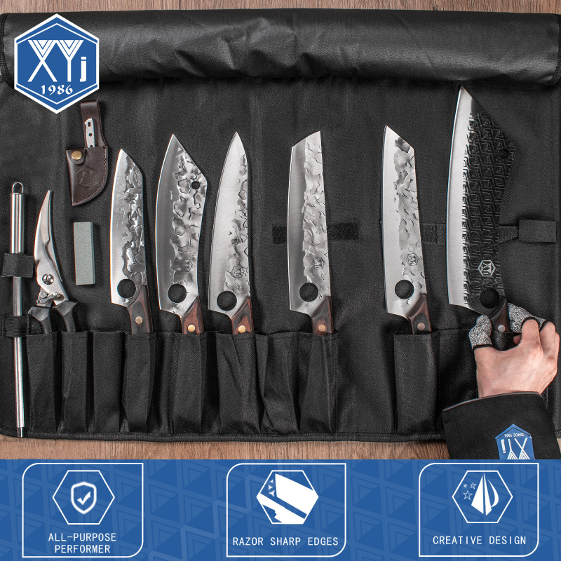 XYJ Camp Cooking Knives Set High Carbon Steel Slicing Chef Knife With Kitchen Scissors Carry Bag Sharpener Rod Butcher Meat Vegetable Knife Full Tang