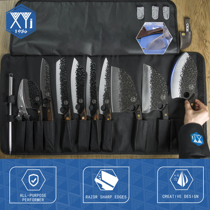 XYj Full Tang 9pcs Forged Knife Set High Carbon Steel Serbian Chef Knife with Bag Sharpener Rod Shear Butcher Knife Gyutou Knife