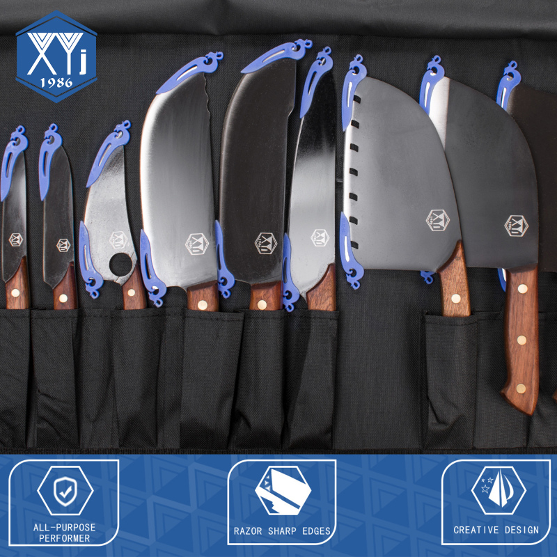 XYJ 23 Pieces Chef Knife Set Stainless Steel Black Blade Full Tang Asian Chinese Cleaver Boning Knives Roll Set With Scissors Honing Steel Knife Bag M