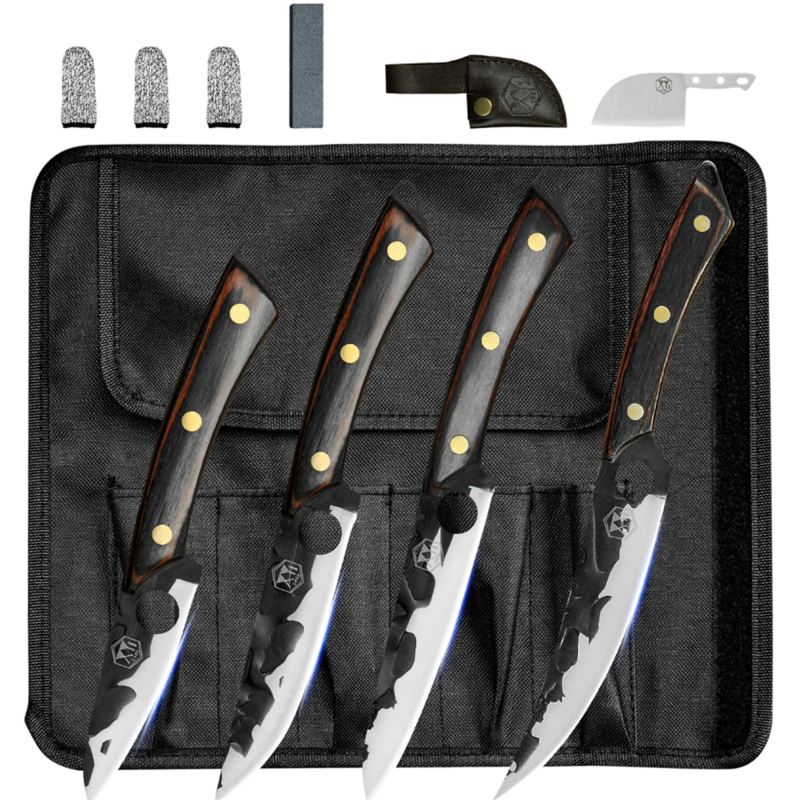 XYj Professional 4-pieces Knife Set Full Tang Filleting Santoku Utility Paring Chef Knives With Roll Bag for Camping Outdoor