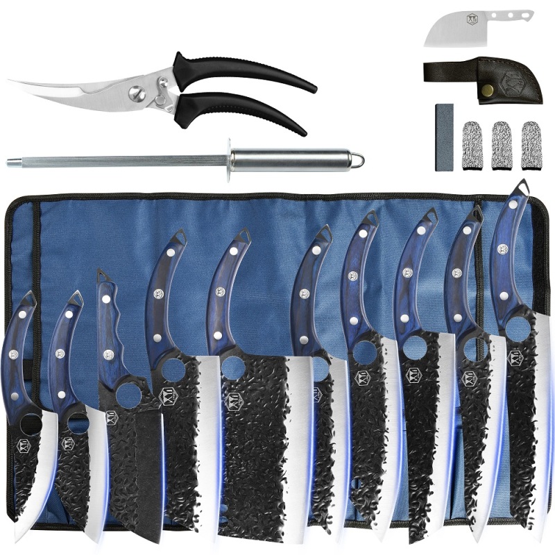 XYJ Forged Kitchen Knife Set With Roll Bag Scissors Honing Steel Pocket Knife &amp;whetstone Large Butcher Knife Set