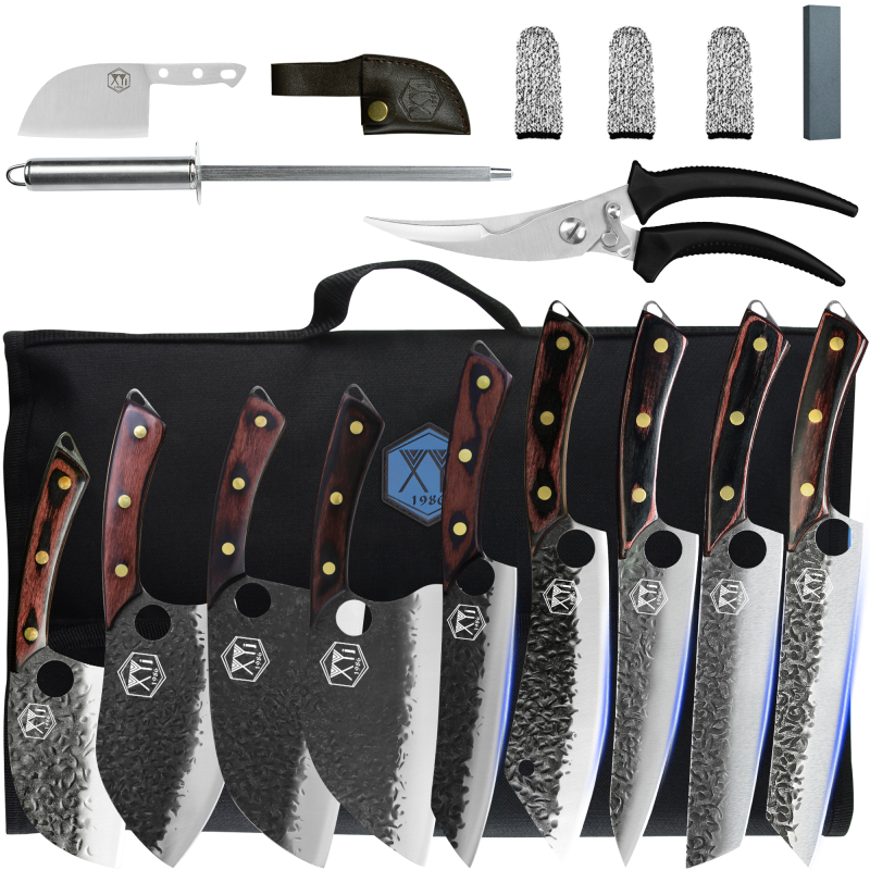 XYj Full Tang 9pcs Forged Knife Set High Carbon Steel Serbian Chef Knife with Bag Sharpener Rod Shear Butcher Knife Gyutou Knife
