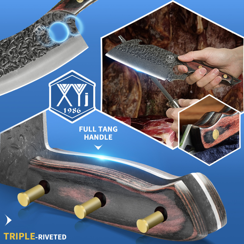 XYJ 7pcs Camping Knives Set With Roll Bag Sheath Sharpener Rod Vegetable Chef Knives Slice Boning Knife Kitchen Butcher Knife Full Tang