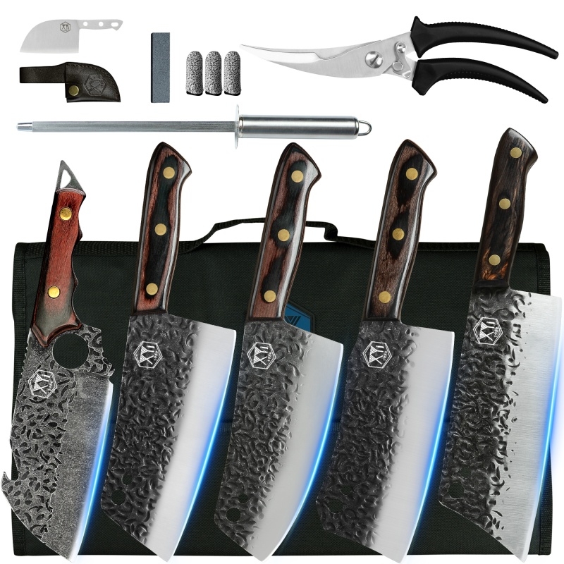 XYj Forged Kitchen Knife Set High Carbon Steel 5pcs Chef Knives Set With Roll Bag Kitchen Scissors For Cutting Meat Vegetables