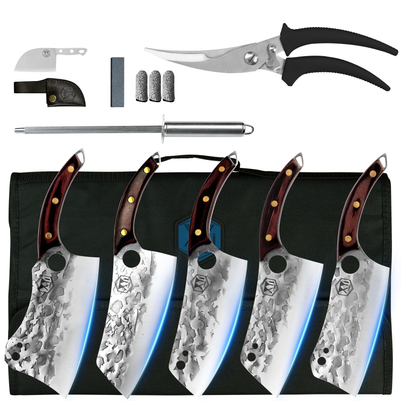 XYJ Professional Forged Knife Set with Roll Bag 5pcs High Carbon Steel Vegetable Chef Knives Hammer Finish Blade Kitchen Knife Set