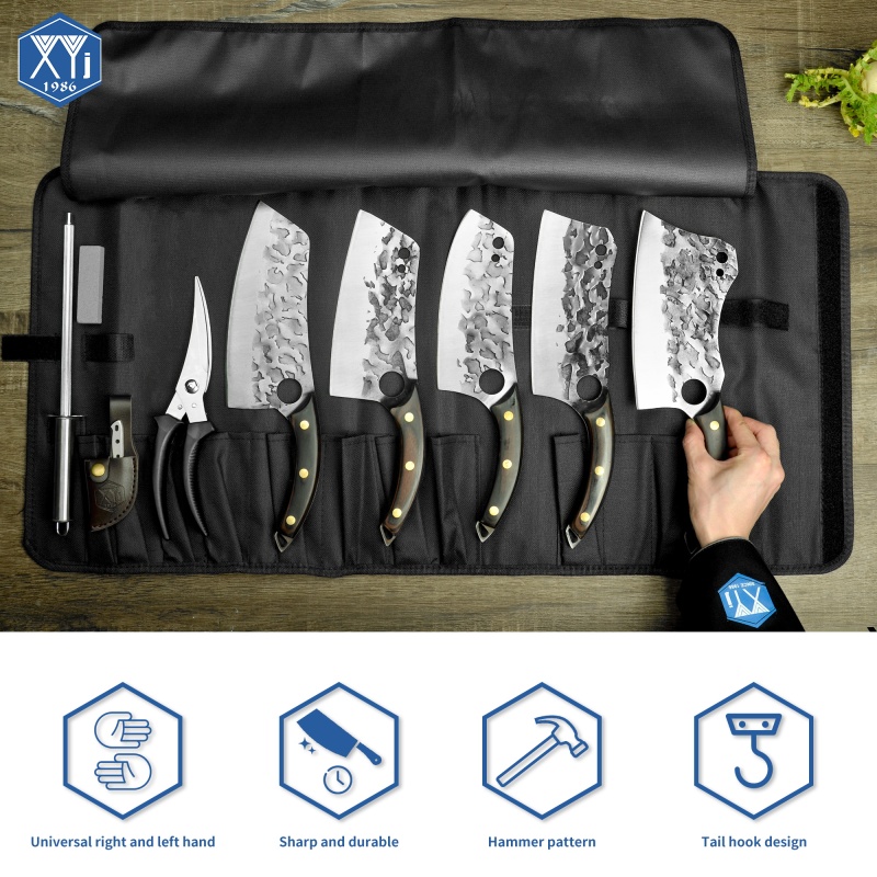 XYJ Professional Forged Knife Set with Roll Bag 5pcs High Carbon Steel Vegetable Chef Knives Hammer Finish Blade Kitchen Knife Set