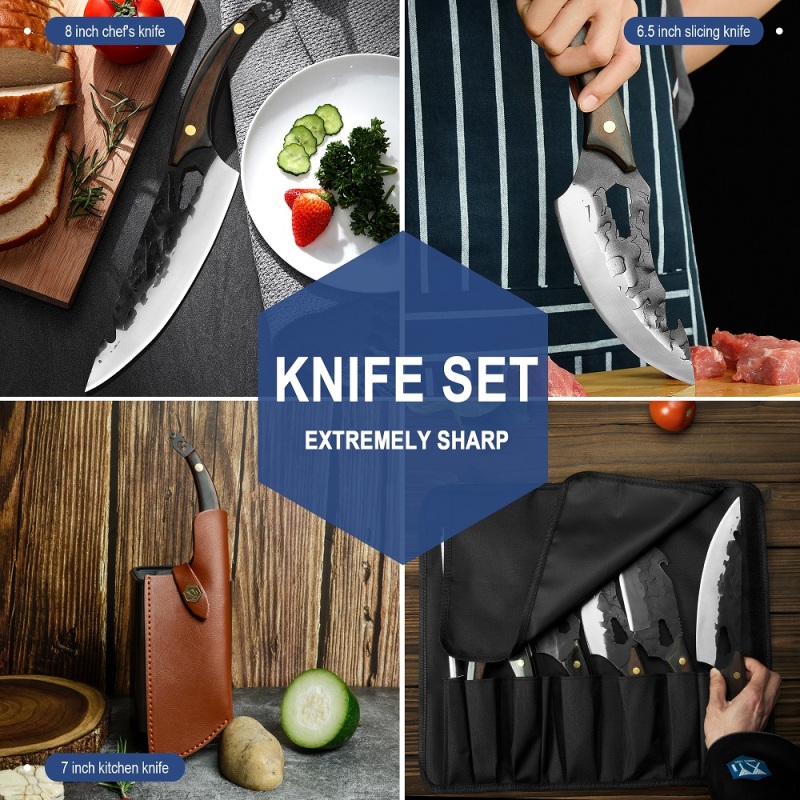 XYJ Full Tang Outdoor Chef Knife 6-pieces Set Stainless Steel Slice Kitchen Knives Come With Universal Case Knife Bag