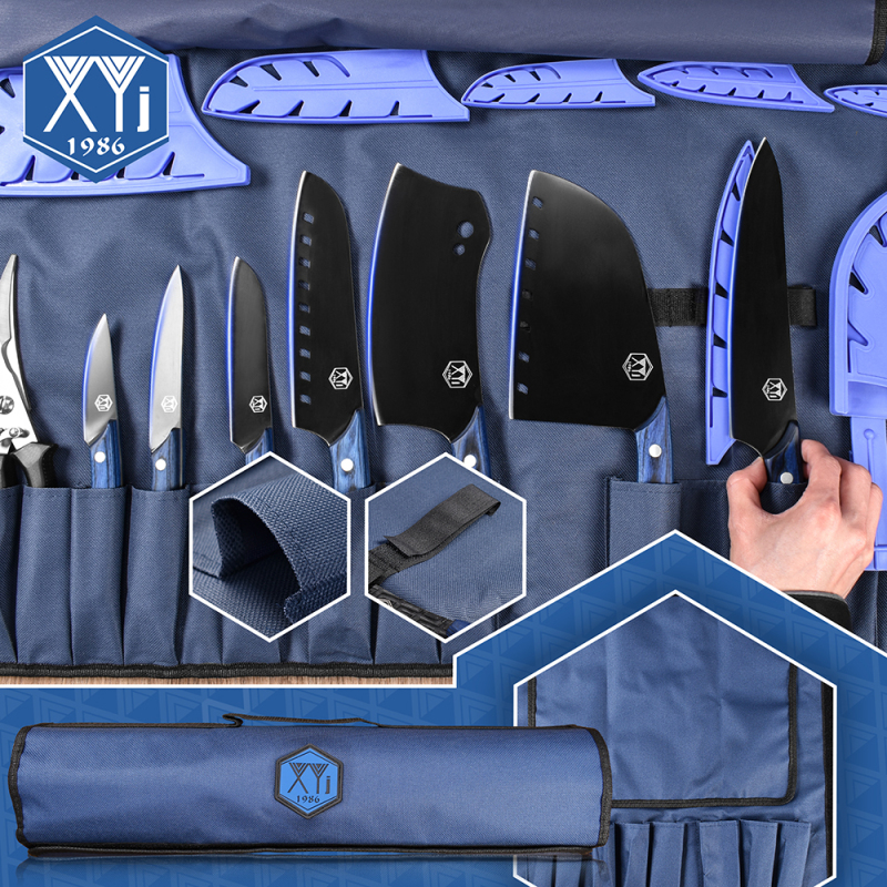 XYJ 7pcs Portable Chef Knife Set Professional Full Tang Handle Stainless Steel Knives Kit, Come With Chef Knife Bag, Sheath Cover, Honing Steel, Sciss