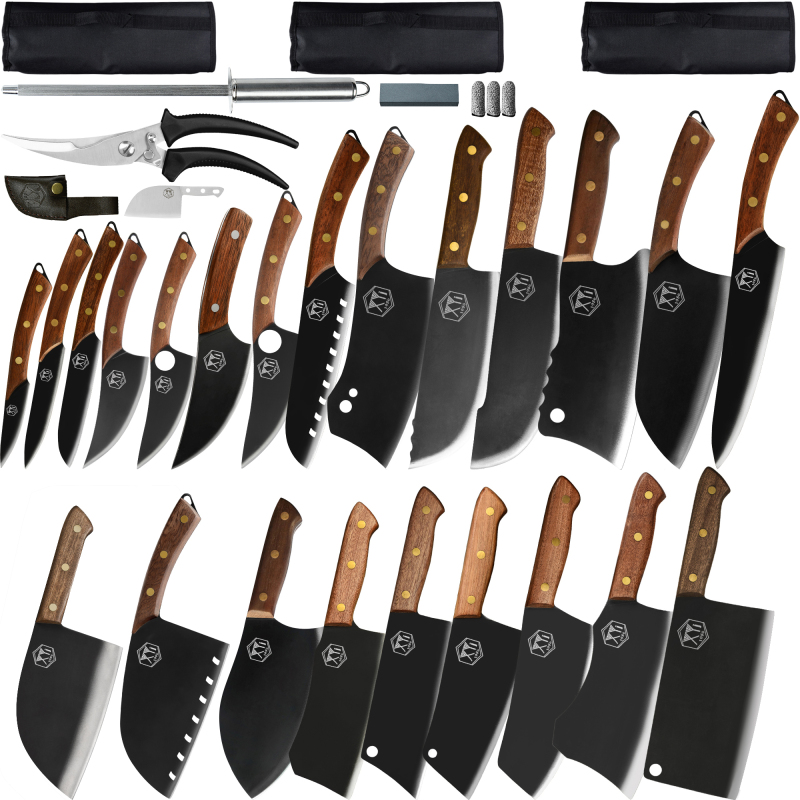 XYJ 23 Pieces Chef Knife Set Stainless Steel Black Blade Full Tang Asian Chinese Cleaver Boning Knives Roll Set With Scissors Honing Steel Knife Bag M