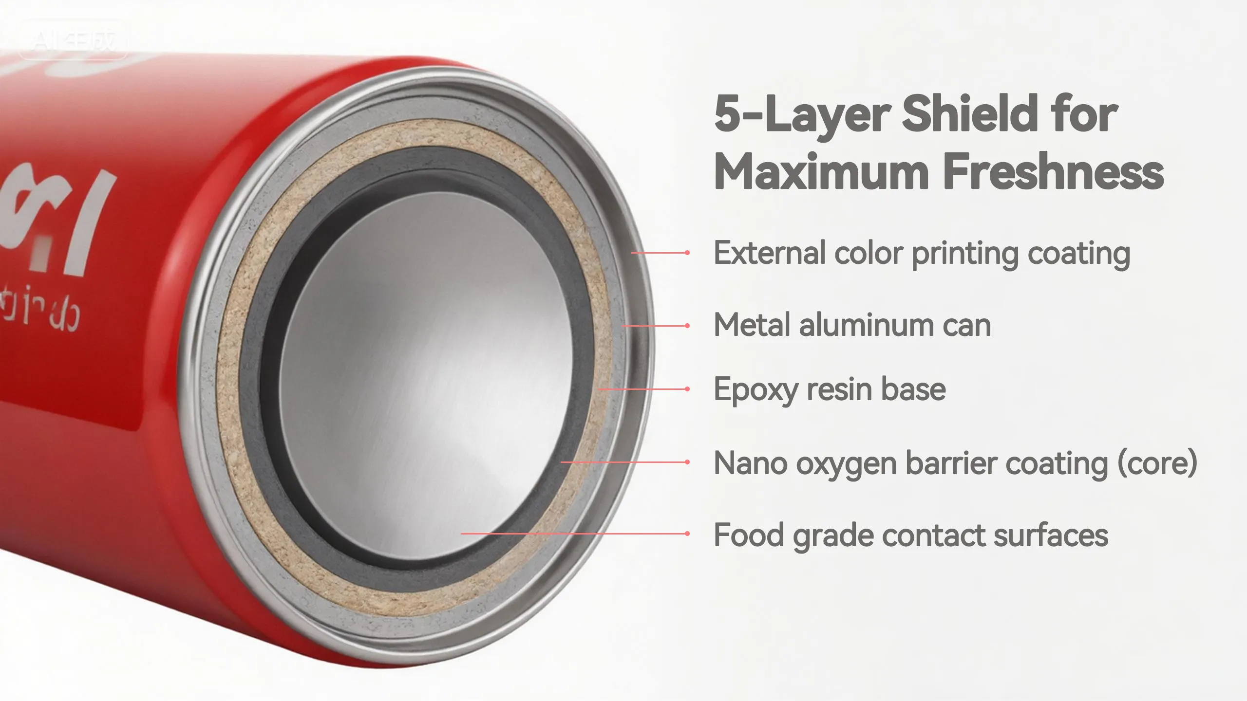 Aluminum cans are made of a five-layer protective structure consisting of a color-printed coating, a metal layer on the can body, an epoxy resin base, a nano-oxygen barrier coating, and a food-grade con