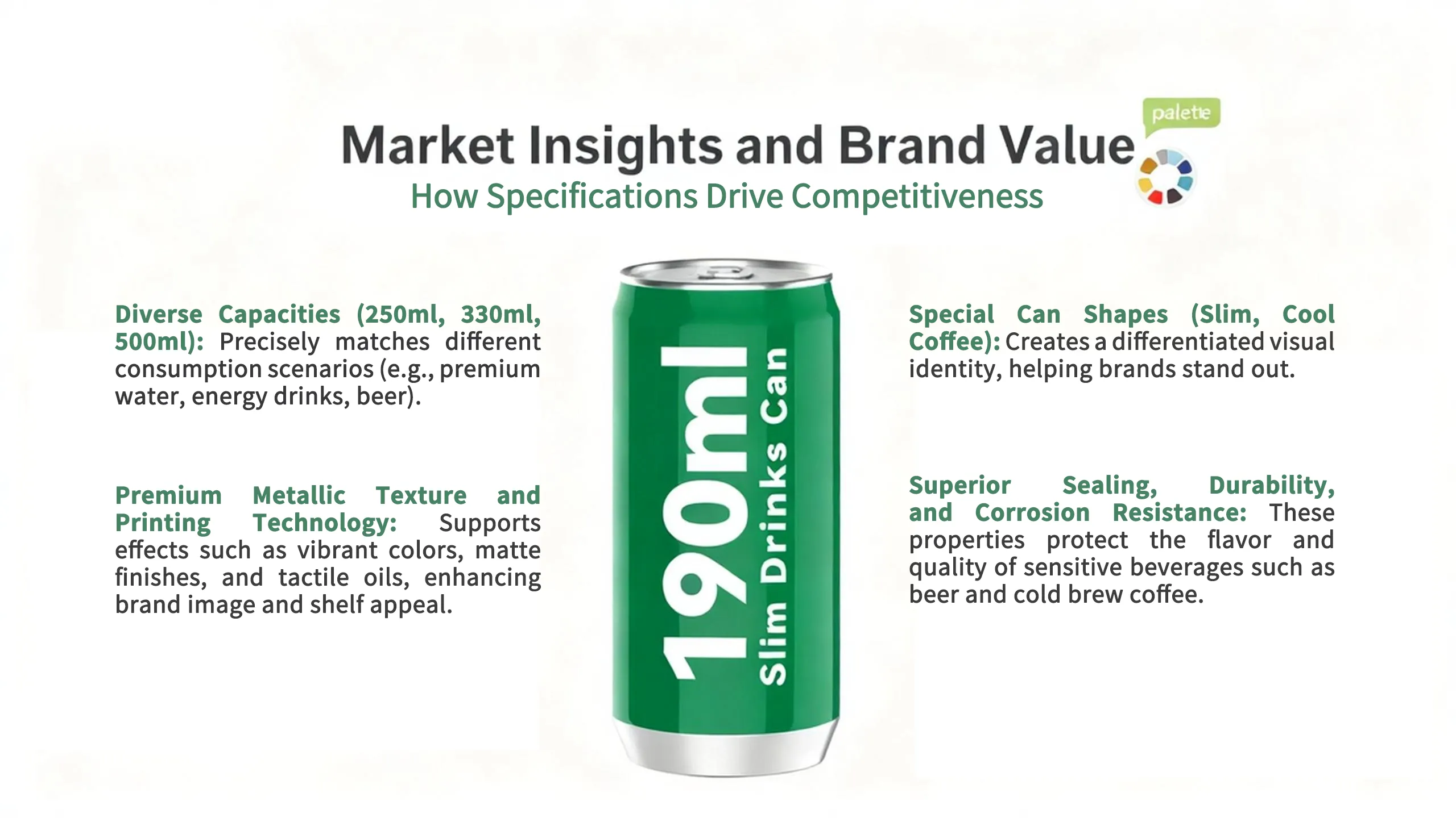 Aluminum cans, with their superior sealing, durability, corrosion resistance, premium metallic texture, and printing technology, along with various capacities, influence supplier competitiveness.