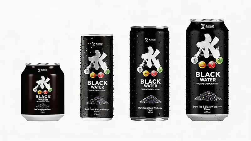 Standard, slim, and 500ml aluminum can formats for private label energy drinks.