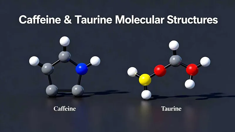 Chemical structure comparison of caffeine and taurine molecules used in energy drink formulations.