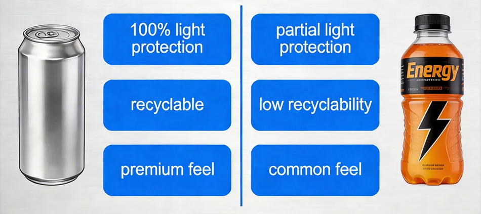 Advantages of aluminum cans vs plastic bottles for energy drink packaging.