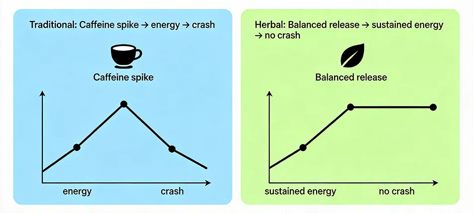 energy drink mechanism comparison caffeine spike vs sustained energy