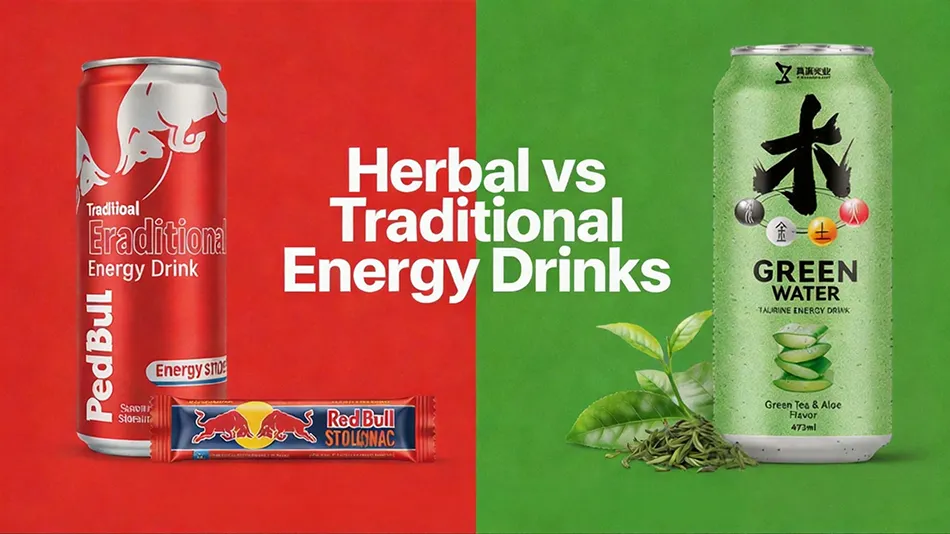 A visual comparison between traditional energy drinks and herbal energy drinks, highlighting differences in ingredients and positioning.