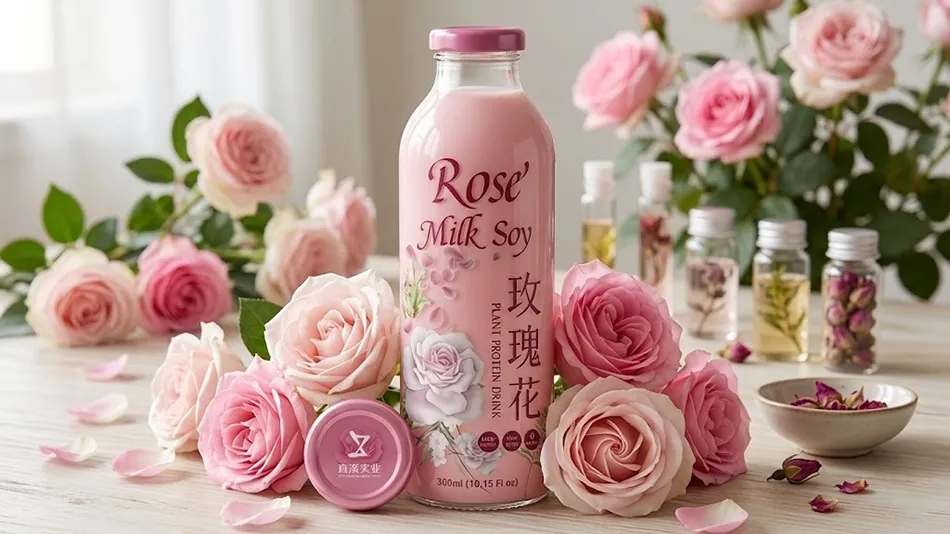 rose flavored soy milk drink with natural rose flowers