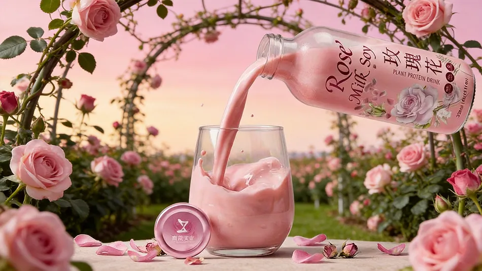 rose soy milk pouring into glass smooth plant based drink
