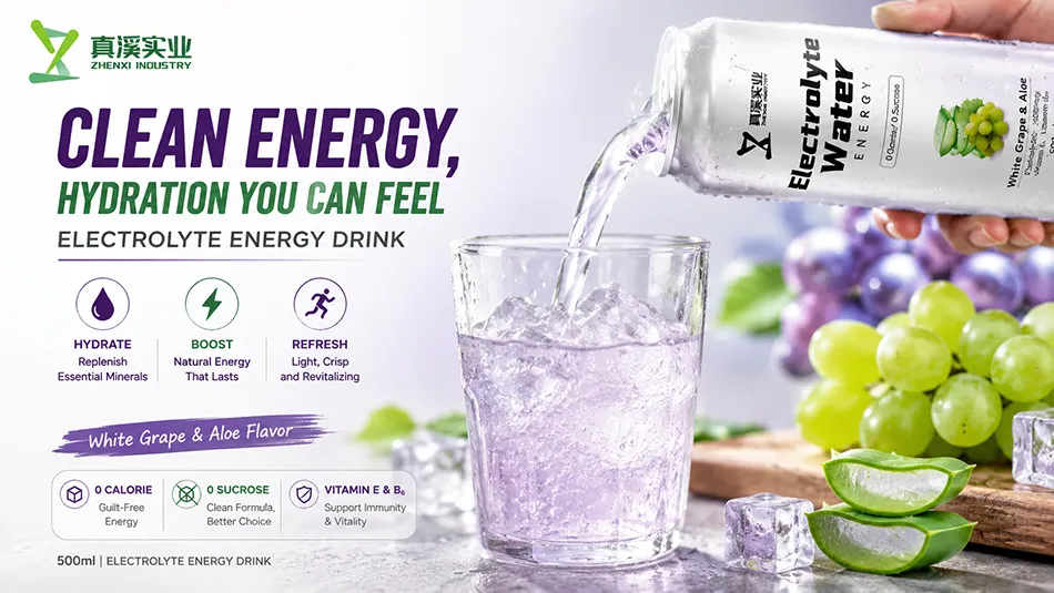 grape aloe electrolyte energy drink pouring into glass