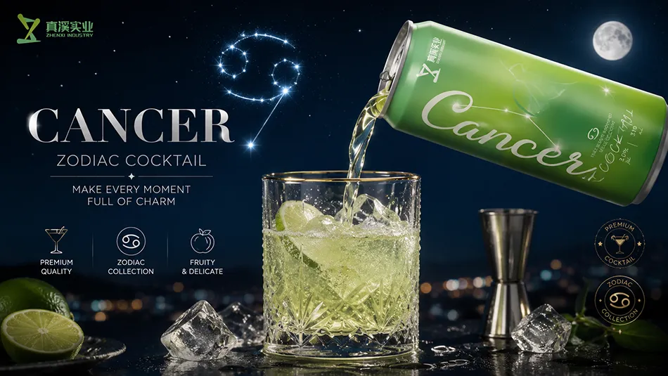 Cancer zodiac canned cocktail pouring into cocktail glass with ice