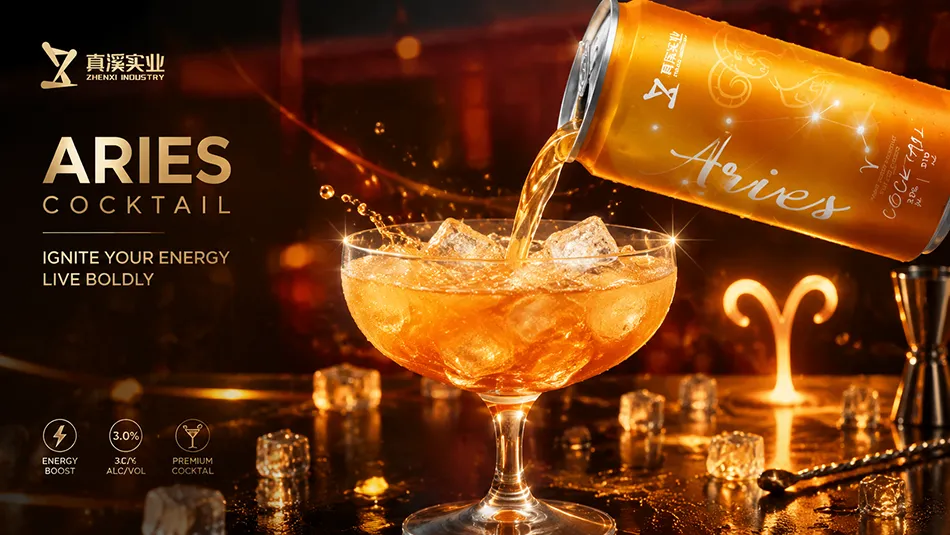 Aries zodiac canned cocktail pouring into cocktail glass with ice