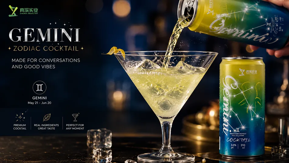 Gemini zodiac canned cocktail pouring into premium cocktail glass with ice
