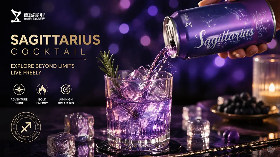 Sagittarius zodiac canned cocktail pouring into premium cocktail glass with ice