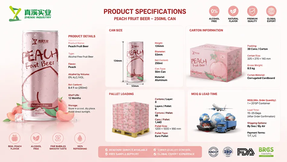 250ml peach flavored non alcoholic craft beer packaging specification
