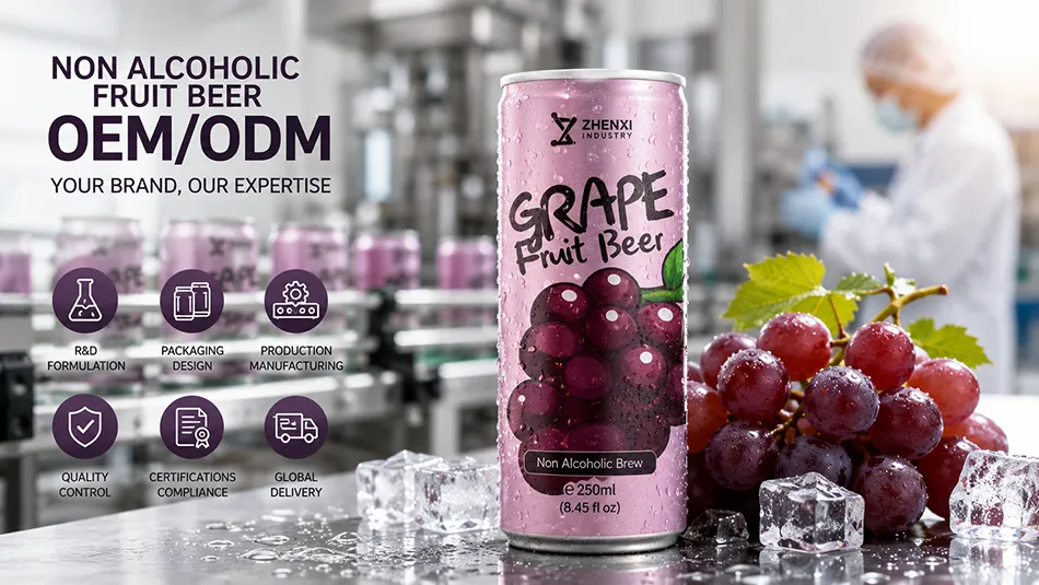 Grape non alcoholic fruit beer can with OEM ODM production icons in a beverage manufacturing setting