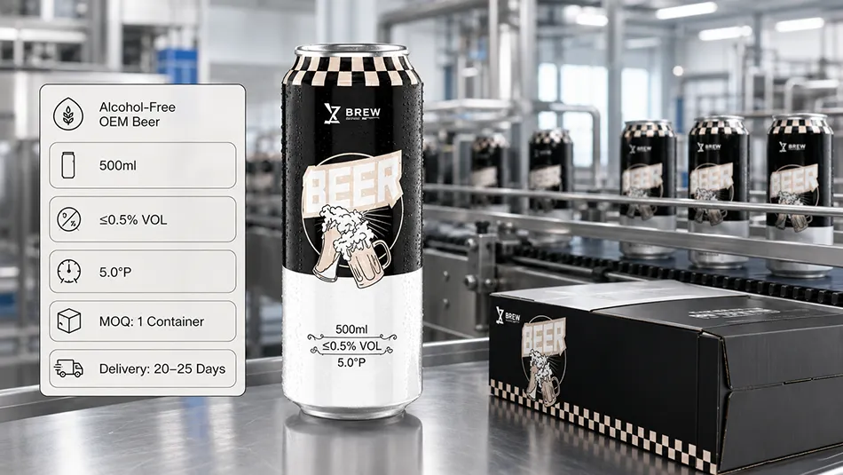 500ml alcohol-free OEM beer aluminum can with ≤0.5% VOL and 5.0°P specs on a modern beverage production line