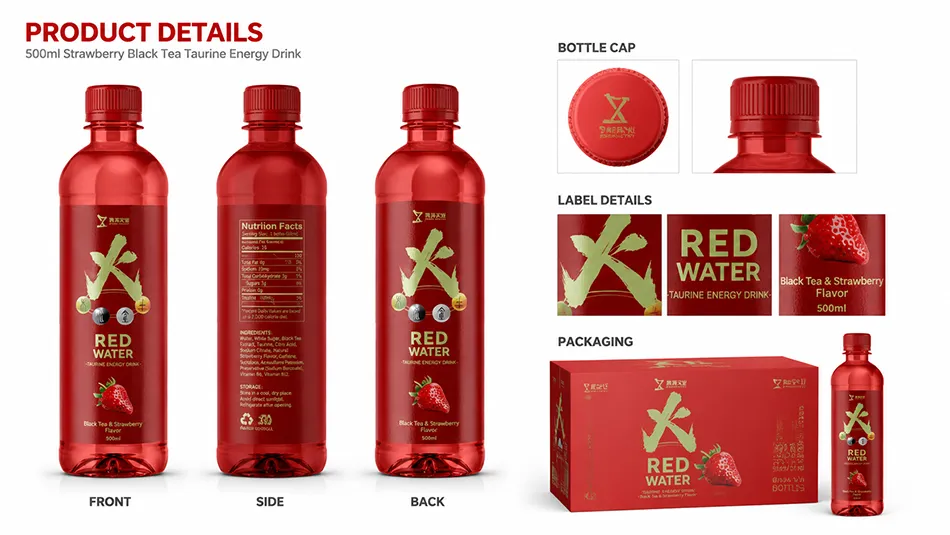 Packaging details of 500ml strawberry black tea taurine energy drink bottle