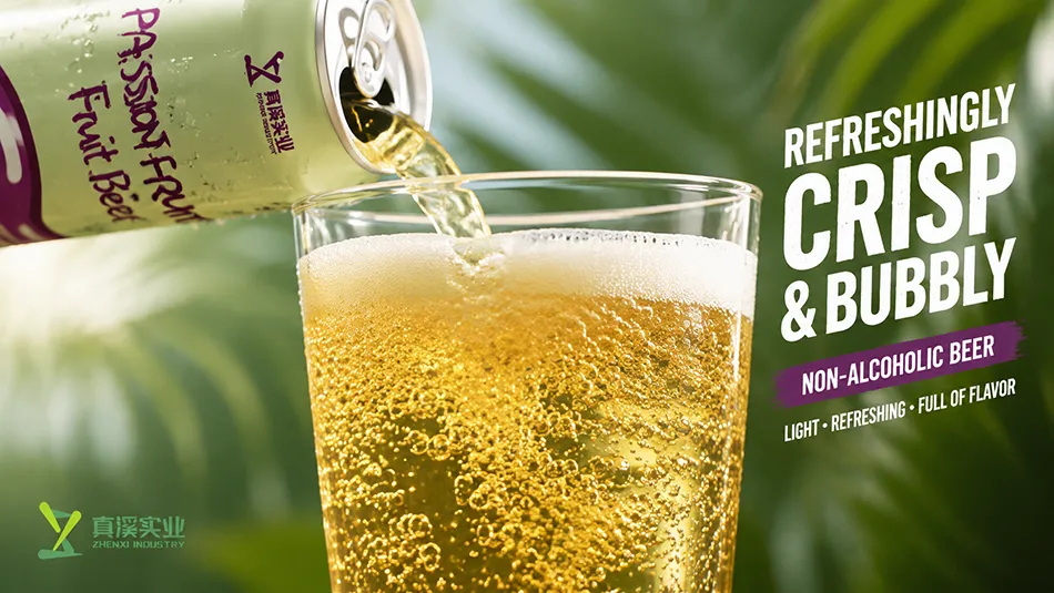 Pouring passion fruit non alcoholic beer showing carbonation and beer texture