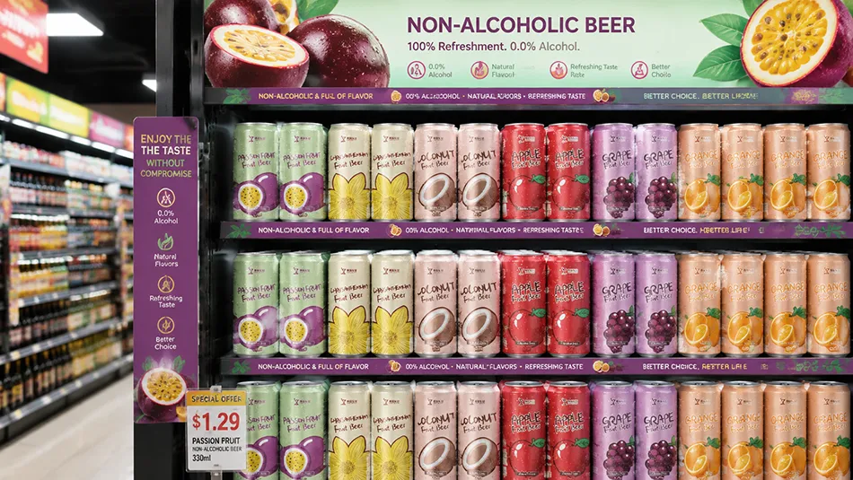 Passion fruit non alcoholic beer displayed on supermarket retail shelves