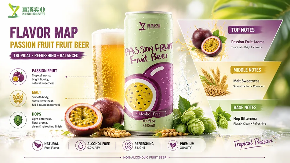 Flavor profile of passion fruit non alcoholic beer combining tropical fruit and malt taste