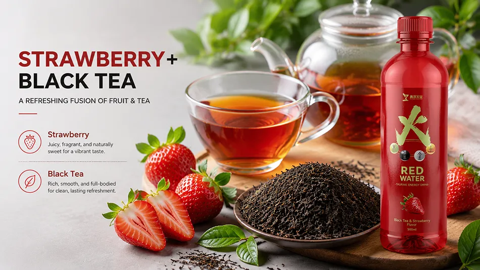Strawberry and black tea flavor combination for premium tea based energy drink