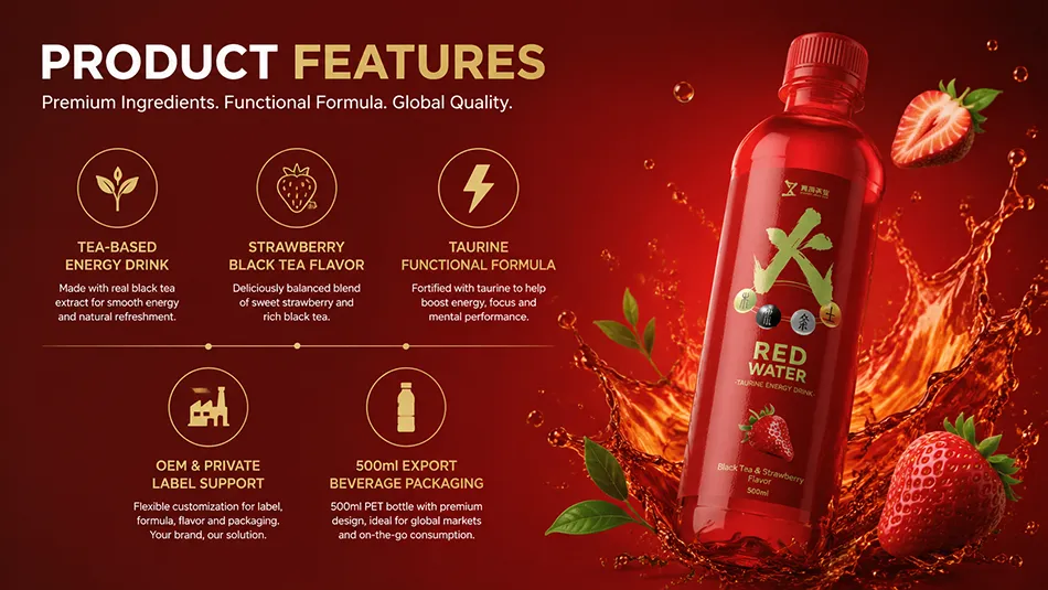 Key features of strawberry black tea taurine energy drink including taurine formula and OEM support