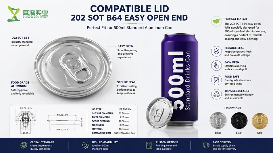 202 SOT B64 easy open end compatible with 500ml printable aluminum beverage cans