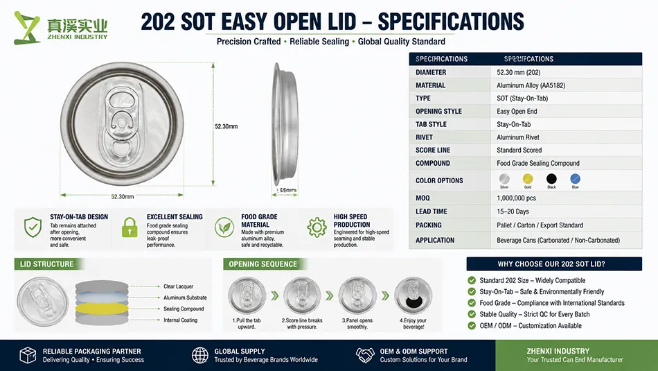 Technical specifications of 202 SOT aluminum can end including diameter material and opening type