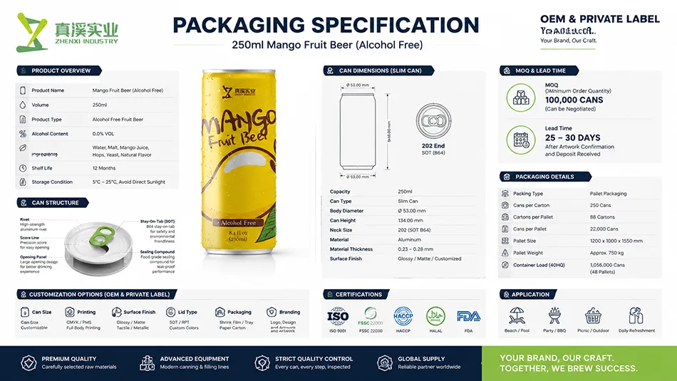 Specifications of 250ml slim can mango non-alcoholic beer including packaging MOQ lead time and certifications