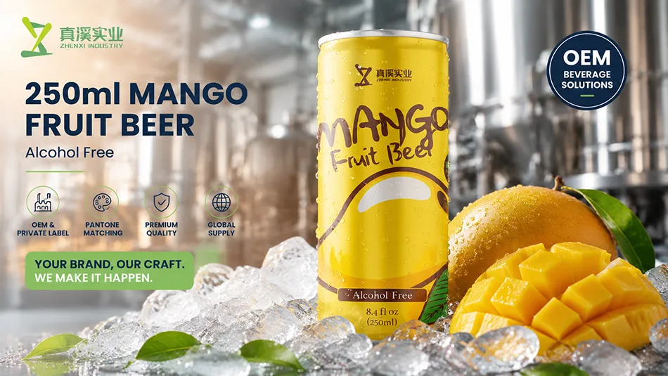 250ml Mango Non-Alcoholic Fruit Beer OEM manufacturer supplying private label alcohol-free beer in slim aluminum cans