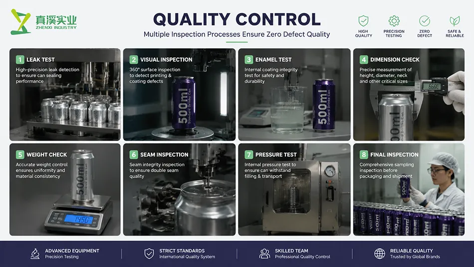 Quality inspection of 500ml aluminum beverage cans including leak testing camera inspection and enamel testing
