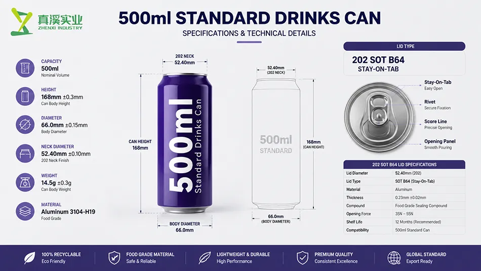 Technical specifications of 500ml printable aluminum beverage cans with dimensions and lid compatibility