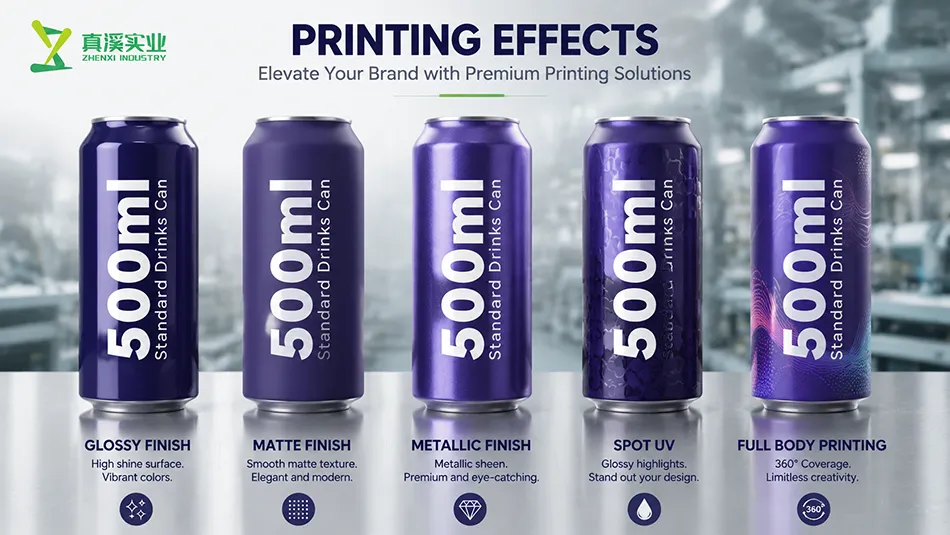 Custom printing options for 500ml aluminum beverage cans including glossy matte metallic and special finishes