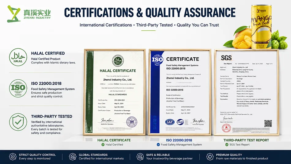 Halal certified and ISO 22000 certified mango non-alcoholic beer for international beverage markets