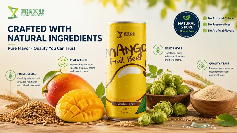 Natural ingredients used in mango non-alcoholic fruit beer including ripe mango barley hops and yeast